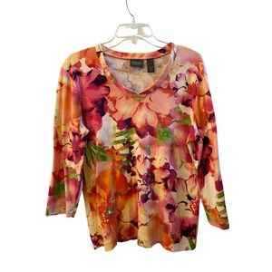Chicos Additions Floral V-Neck Top Pink Orange 100% Cotton 3/4 Sleeve Size 2 L